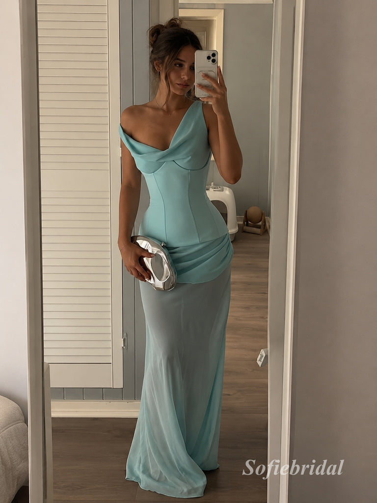 Mint Green One Shoulder Draped Chiffon Mermaid Dress, Cowl Neck Floor Length Formal Gown,PD13902