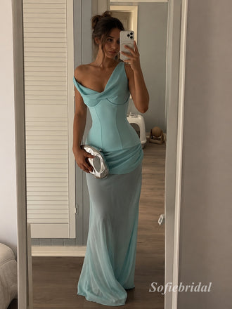 Mint Green One Shoulder Draped Chiffon Mermaid Dress, Cowl Neck Floor Length Formal Gown,PD13902