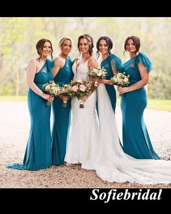 Sexy Jersey One Shoulder Sleeveless Mermaid Floor Length Bridesmaid Dresses, SFWG00526