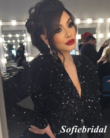 Sexy Black Sequin Deep V-Neck Sleeveless Side Slit Mermaid Floor Length Prom Dress, PD01102