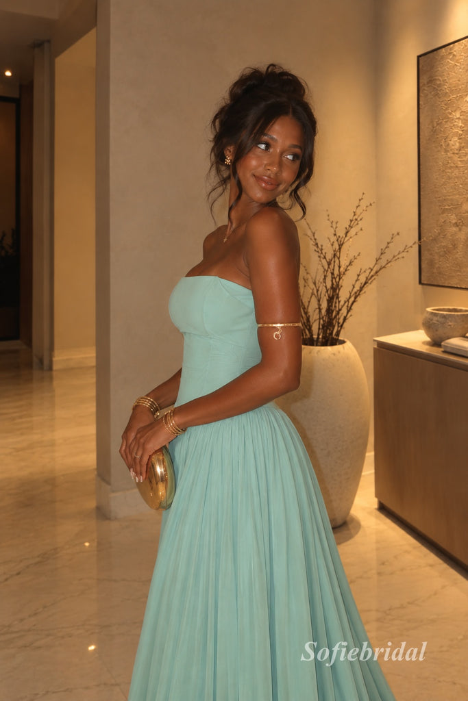 Sage Green Strapless Ruched Chiffon A-Line Dress, Tube Top Floor Length Formal Gown,PD13903
