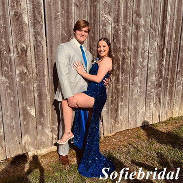 Sexy Royal Blue Sequin Sweetheart Sleeveless Side Slit Mermaid Floor Length Prom Dress, PD01080