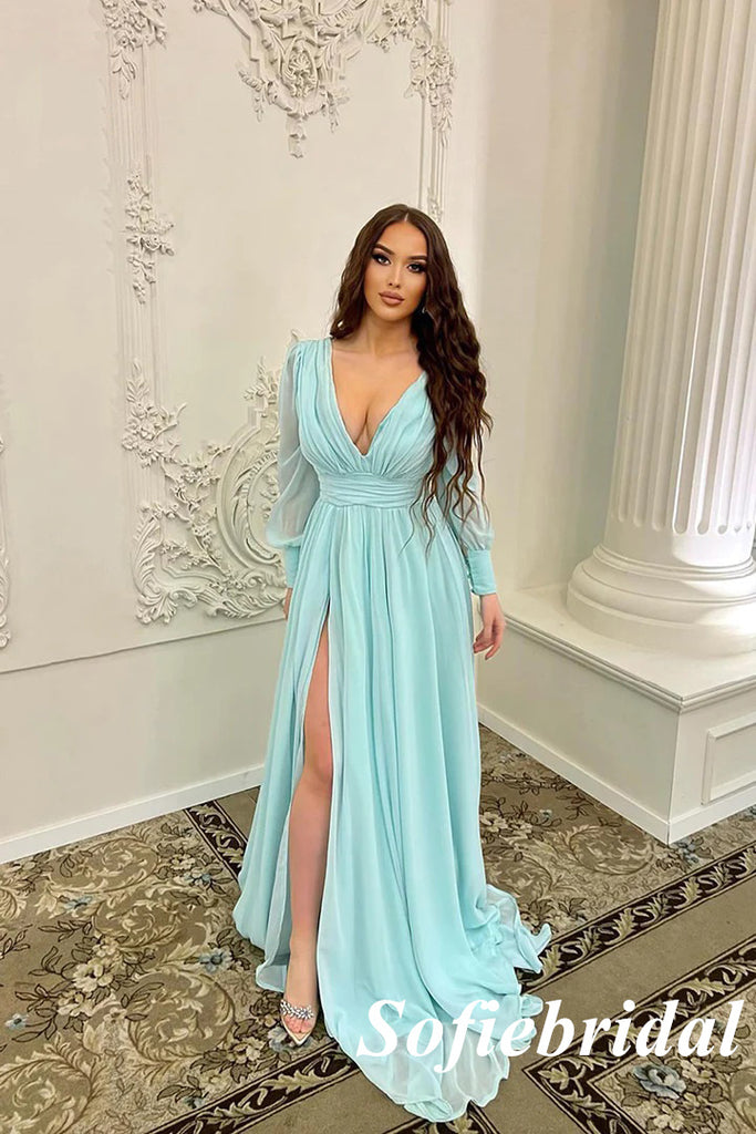 Elegant Chiffion Deep V-Neck Long Sleeves Side Slit A-Line Long Prom Dresses, PD0971