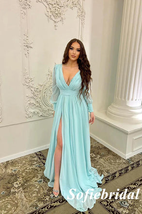 Elegant Chiffion Deep V-Neck Long Sleeves Side Slit A-Line Long Prom Dresses, PD0971
