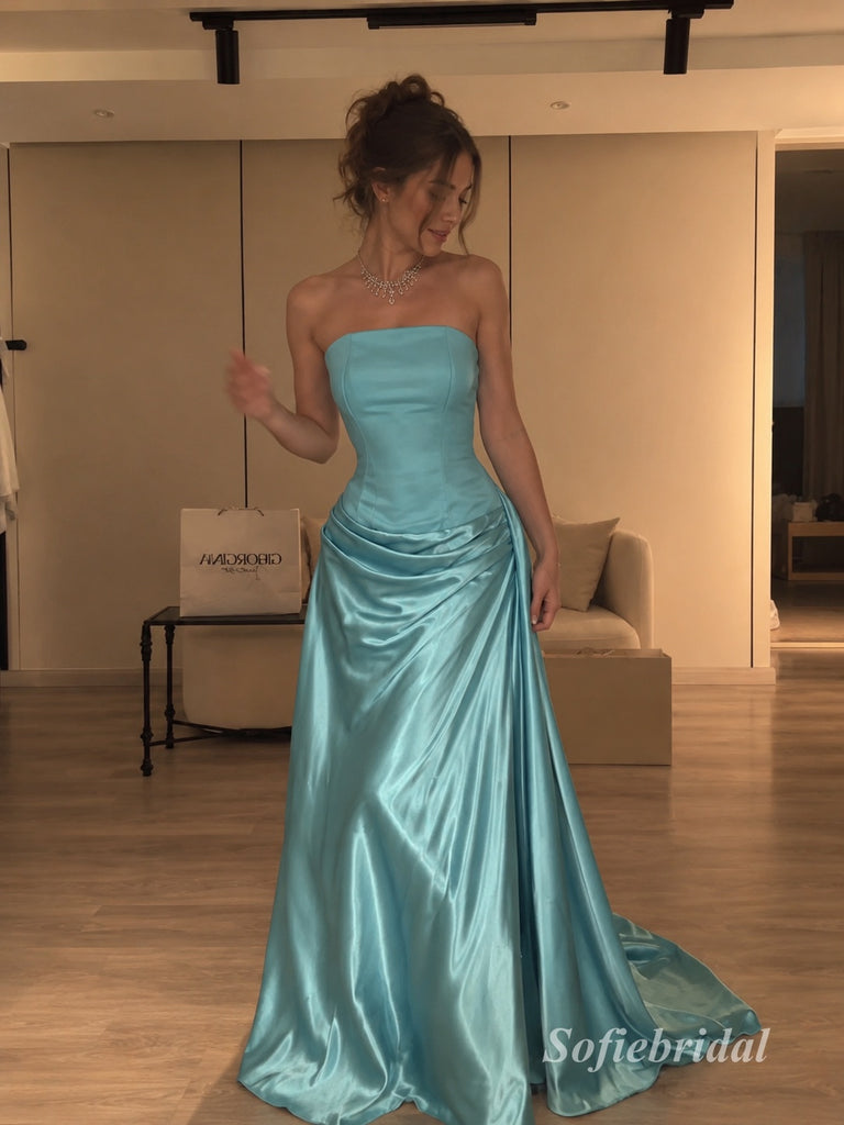 Turquoise Strapless Draped Satin A-Line Dress, Tube Top Floor Length Formal Gown,PD13904