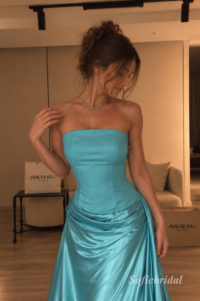 Turquoise Strapless Draped Satin A-Line Dress, Tube Top Floor Length Formal Gown,PD13904