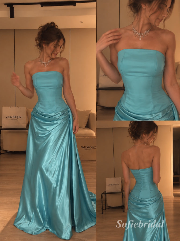 Turquoise Strapless Draped Satin A-Line Dress, Tube Top Floor Length Formal Gown,PD13904