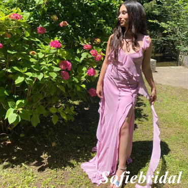 Sexy Pink Chiffon Spaghetti Straps V-Neck Sleeveless Side Slit Mermaid Floor Length Prom Dress, PD01065