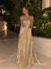Champagne Spaghetti Strap Cutout Pleated A-Line Dress, V Neck Floor Length Formal Gown,PD13905