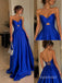 Royal Blue Strapless Satin A-Line Dress, Cutout Sweetheart Floor Length Formal Gown,PD13906