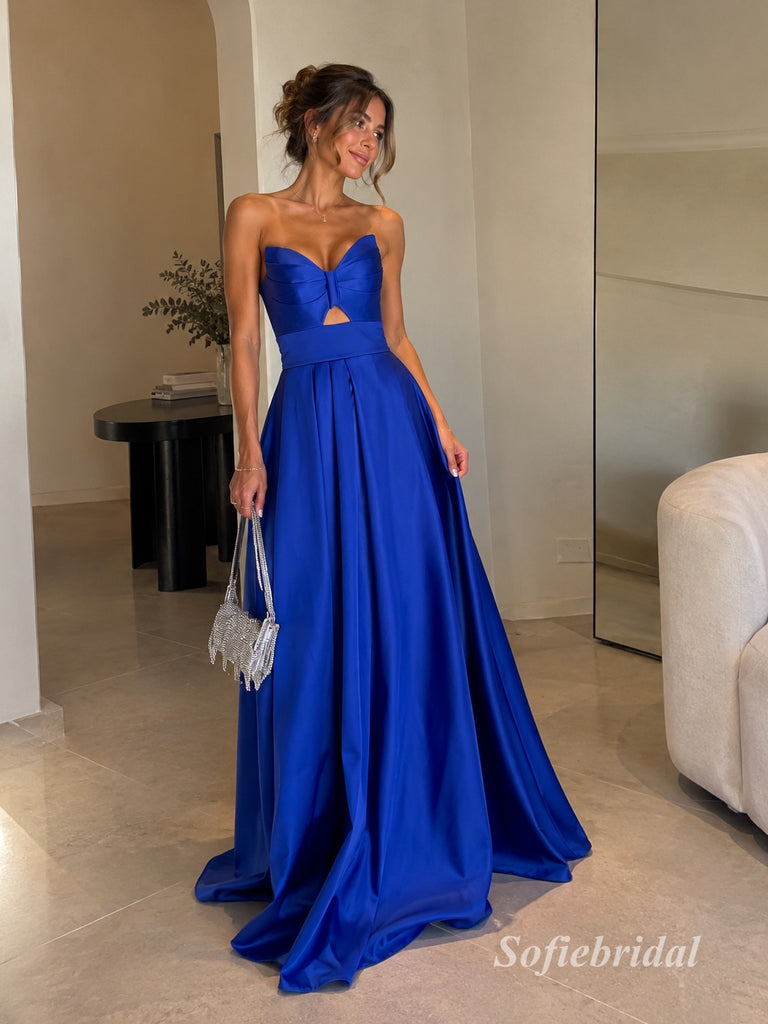 Royal Blue Strapless Satin A-Line Dress, Cutout Sweetheart Floor Length Formal Gown,PD13906