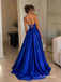Royal Blue Strapless Satin A-Line Dress, Cutout Sweetheart Floor Length Formal Gown,PD13906