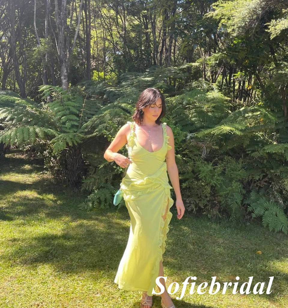 Sexy Chiffon Spaghetti Straps Sleeveless Mermaid Long Prom Dresses With Split, PD0988