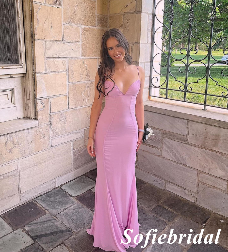 Sexy Gummy Pink Jersey Spaghetti Straps V-Neck Sleeveless Mermaid Floor Length Prom Dress, PD01064