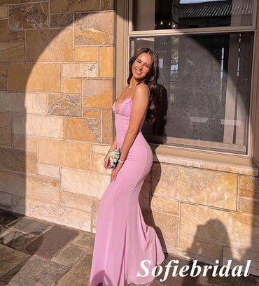 Sexy Gummy Pink Jersey Spaghetti Straps V-Neck Sleeveless Mermaid Floor Length Prom Dress, PD01064