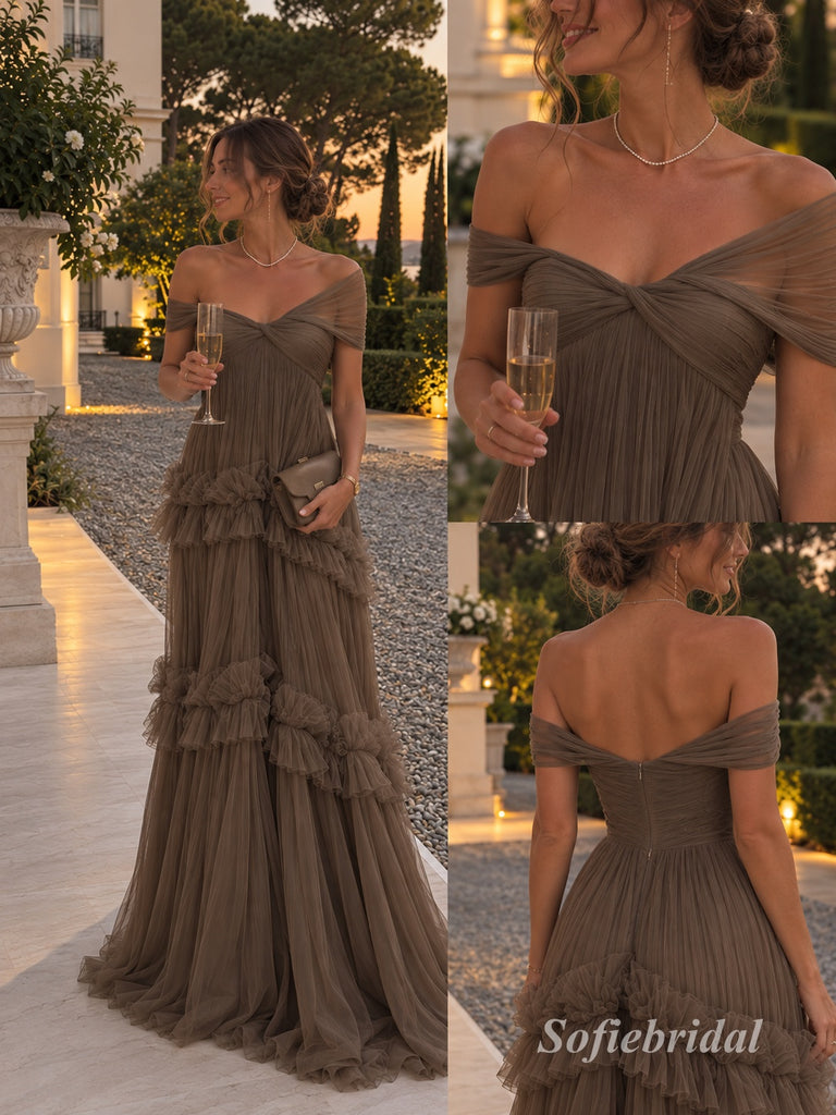 Brown Off Shoulder Ruffled Tulle A-Line Dress, Pleated Floor Length Formal Gown,PD13907