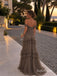 Brown Off Shoulder Ruffled Tulle A-Line Dress, Pleated Floor Length Formal Gown,PD13907