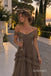 Brown Off Shoulder Ruffled Tulle A-Line Dress, Pleated Floor Length Formal Gown,PD13907