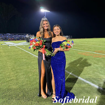 Sexy Royal Blue Sequin One Shoulder Sleeveless Side Slit Mermaid Floor Length Prom Dress, PD01078