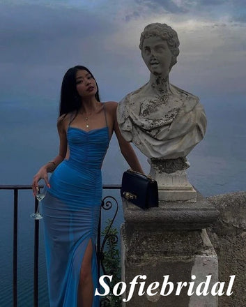 Sexy Blue Chiffon Spaghetti Straps Sleeveless Side Slit Mermaid Floor Length Prom Dress, PD01047