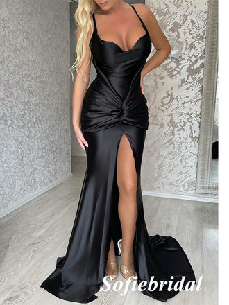 Sexy Black Soft Satin Spaghetti Straps V-Neck Sleeveless Side-Slit Mermaid Long Prom Dresses, PD0955
