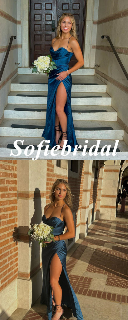 Sexy Soft Satin Spaghetti Straps Sleeveless Side Slit Mermaid Floor Length Prom Dress, PD01041