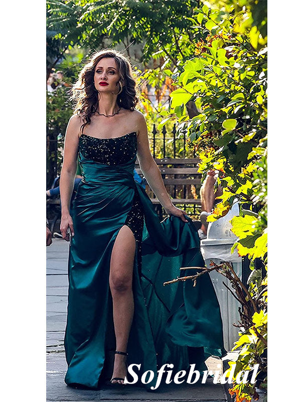 Sexy Soft Satin And Velvet Sequins Sweetheart Side Slit Mermaid Long Prom Dresses With Trail, PD0944