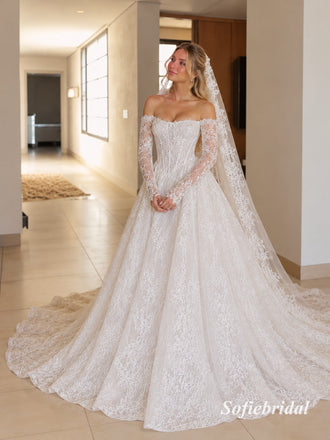 Off Shoulder Sweetheart Lace Wedding Dress, Long Sleeve Corset Bridal Gown With Train, SFWD0151