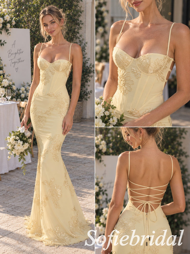 Butter Yellow Chiffon 3D Floral Appliqué Spaghetti Strap Corset Floor Length Mermaid Bridal Gown, SFWD0098