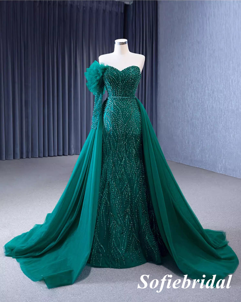 Elegant Tulle One Shoulder Long Sleeve Mermaid Long Dress Prom Dress With Detachable Trail, PD01116