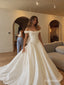 Off The Shoulder Ruffle Satin A-Line Wedding Dress, Corset Fitted Bodice Floor Length Bridal Gown,SFWD0117