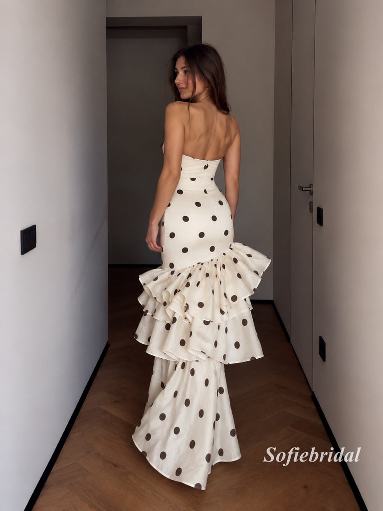 Cream Polka Dot Strapless Cutout Mermaid Gown, Tiered Ruffle Formal Evening Dress, PD13948