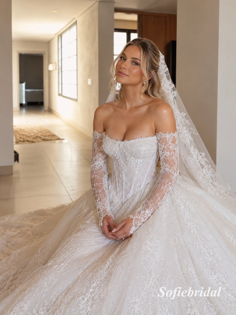 Off Shoulder Sweetheart Lace Wedding Dress, Long Sleeve Corset Bridal Gown With Train, SFWD0151