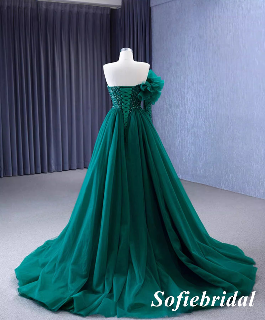 Elegant Tulle One Shoulder Long Sleeve Mermaid Long Dress Prom Dress With Detachable Trail, PD01116