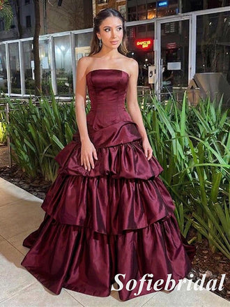 Luxury Burgundy Strapless Satin Tiered Ball Gown, Formal Evening Prom Dress for Wedding & Party, PD01272