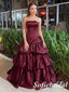 Luxury Burgundy Strapless Satin Tiered Ball Gown, Formal Evening Prom Dress for Wedding & Party, PD01272