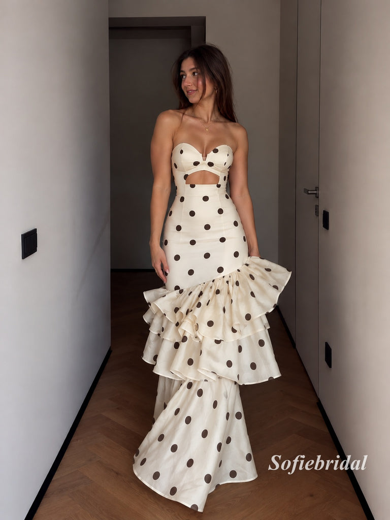 Cream Polka Dot Strapless Cutout Mermaid Gown, Tiered Ruffle Formal Evening Dress, PD13948