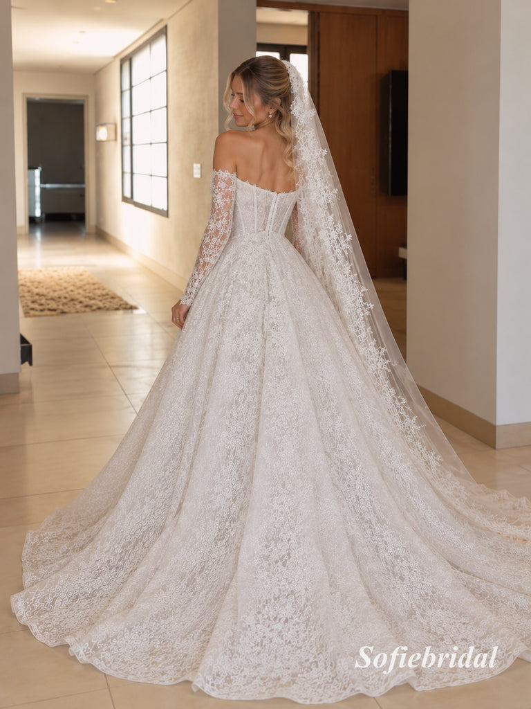 Off Shoulder Sweetheart Lace Wedding Dress, Long Sleeve Corset Bridal Gown With Train, SFWD0151