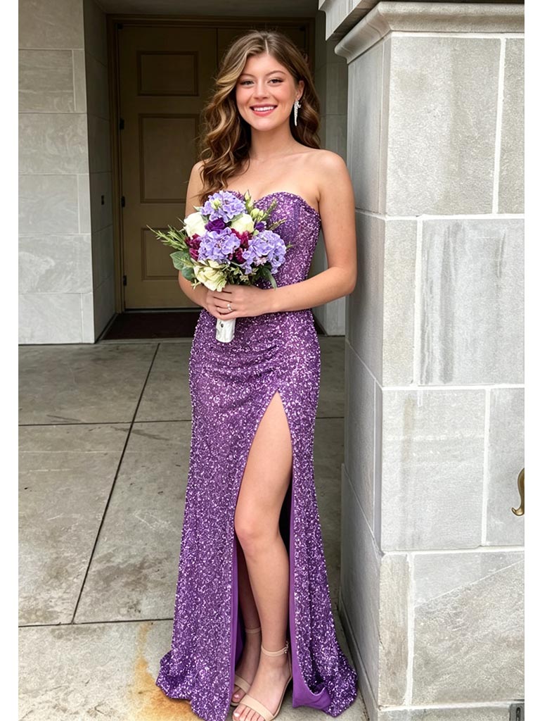 Lavender Strapless Sequin Mermaid Prom Dress With Slit Formal Evening Gown, PD01276