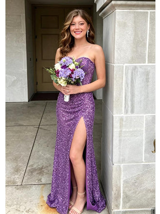 Lavender Strapless Sequin Mermaid Prom Dress With Slit Formal Evening Gown, PD01276
