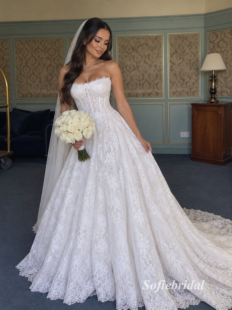 Strapless Sweetheart Corset Lace A-Line Wedding Dress, Romantic Lace Bridal Gown, SFWD0137