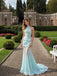 Light Blue Halter Draped Mermaid Evening Dress, 3D Floral Formal Prom Gown, PD13928
