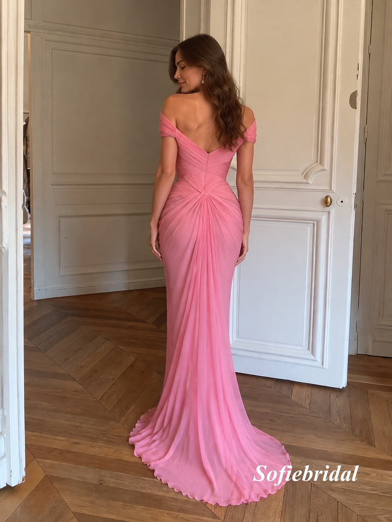 Off Shoulder Draped Pink Chiffon Mermaid Formal Evening Gown, PD13968