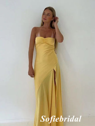 Sexy Soft Satin Spaghetti Straps Sleeveless Side Slit Mermaid Floor Length Prom Dress, PD01063