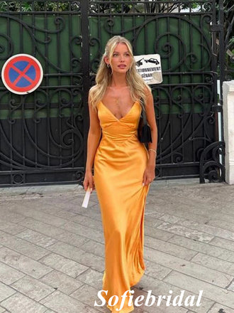 Sexy Soft Satin Spaghetti Straps V-Neck Sleeveless Mermaid Long Prom Dresses, PD01004