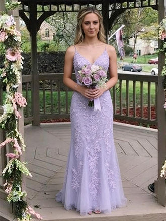 Elegant Tulle Lace Spaghetti Straps V-Neck Sleeveless Mermaid Maxi Prom Dress/Graduation Dresses, PD01181