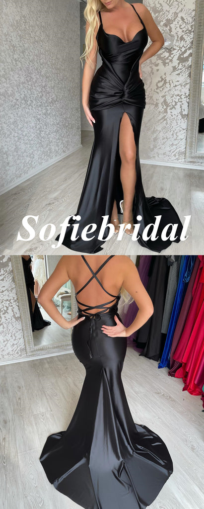 Sexy Black Soft Satin Spaghetti Straps V-Neck Sleeveless Side-Slit Mermaid Long Prom Dresses, PD0955