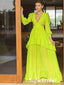 Lime Green V-Neck Long Sleeve Ruffled A-Line Maxi Dress with Cutout Waist, PD01239