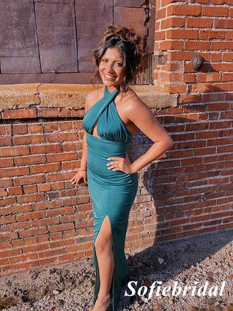 Sexy Soft Satin Halter Backless Mermaid Floor Length Bridesmaid Dresses, SFWG00585