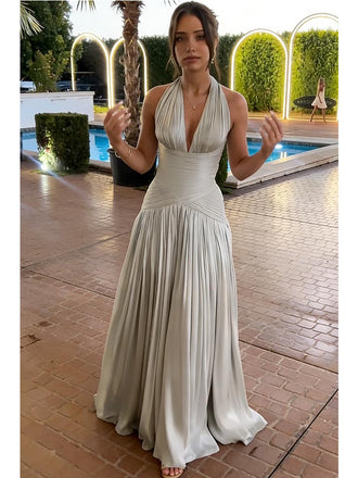 Sexy Steel- Grey Halter Ruched Waist A-Line Flowy Formal Gown | Prom & Gala Dress, PD01230